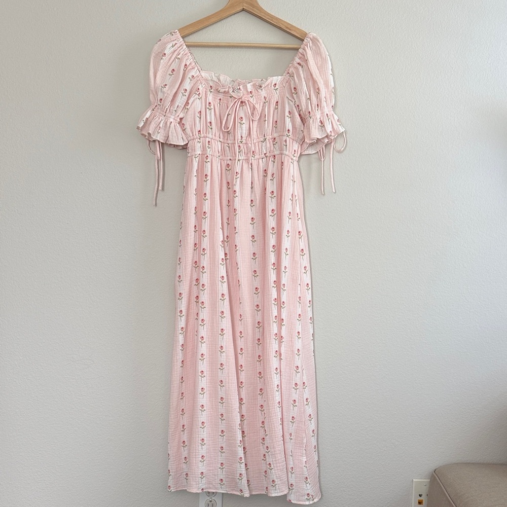Shop WorthSavanna Steppe 100% Muslin Cotton Dress in Pink Rose Puff Sleeve